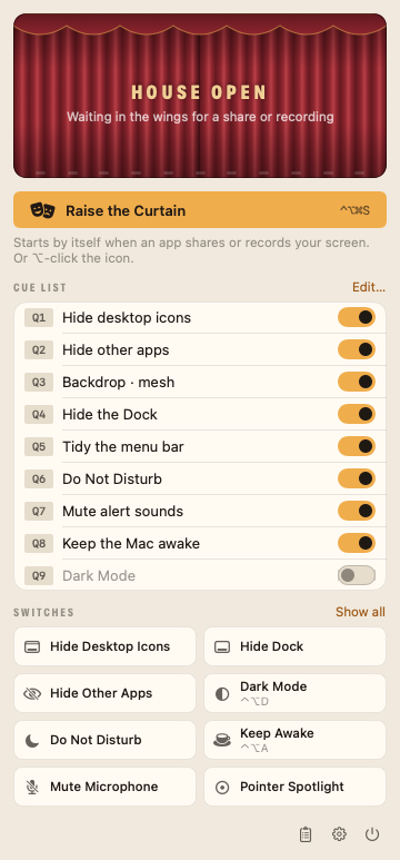 Stagehand’s dropdown with the curtain closed, a Raise the Curtain button, the cue list with its toggles and eight pinned switches